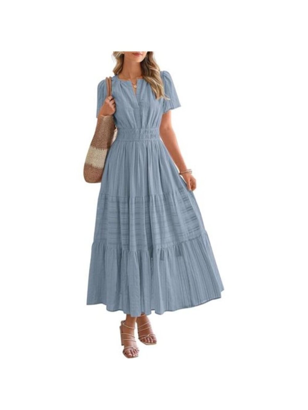 Women's Midi Maxi Dress Lightweight Short Sleeve V Neck Elastic Boho Dress